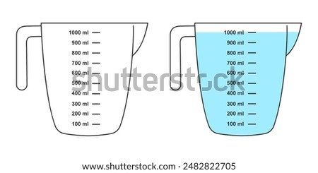 Empty and full measuring cups with a 1 liter volume. Water or other liquid containers for cooking with a fluid capacity scale isolated on white background. Vector flat illustration.