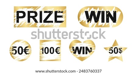 Gold rectangle and oval, round and square, heart and star scratch card surfaces with scraped textures and Win, Prize and money winning text. Winner lotto, sale coupons, jackpot scratchcard templates.