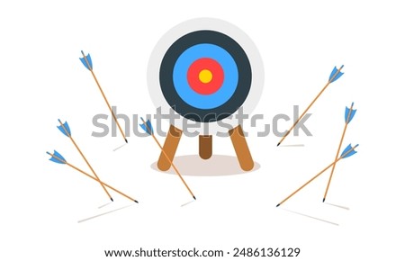 Archery target ring with many missed arrows isolated on white background. Business goal failure symbol. Inaccuracy, inefficiency or mistake strategy concept. Vector cartoon illustration