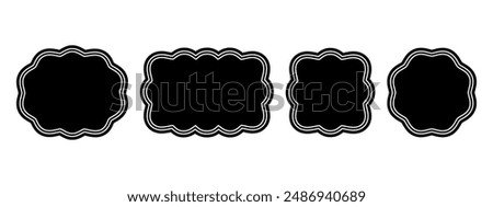 Set of oval, rectangle, square and circle shapes with wavy edges. Geometric forms with wiggly borders. Empty text boxes, tags or labels isolated on white background. Vector graphic illustration.