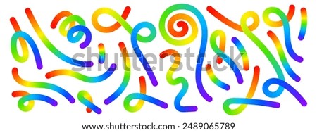 Set of rainbow colored curvy lines isolated on white background. Cool colorful squiggles, stripes, spirals and loops in spline style. Organic doodle figures with gradient effect. Vector illustration.