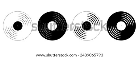 Vinyl records icons. LP or long play music discs isolated on white background. DJ techno club party equipment. 70s 80s 90s discotheque nostalgia concept. Vector graphic illustration.