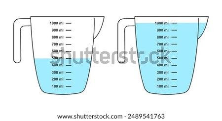 Half-full and water-filled measuring cups with 1 liter volume. Liquid containers for cooking with fluid capacity scale isolated on white background. Vector flat illustration.