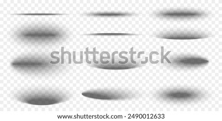 Set of oval packing box shadow effects. Different realistic soft grey shapes. Elliptic package shades isolated on transparent background. Vector realistic illustration.