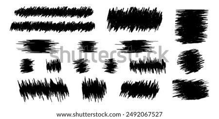 Black ripped grunge textures. Hand drawn smears. Marker, pencil, pen or ink scribbles. Scratch card, ticket or lottery scraped surfaces isolated on white background. Vector graphic illustration.