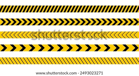 Set of caution tapes with black and yellow diagonal slashes or chevron print. Warning borders in construction work zone or crime scene. Danger, attention or forbidden signs. Vector flat illustration.