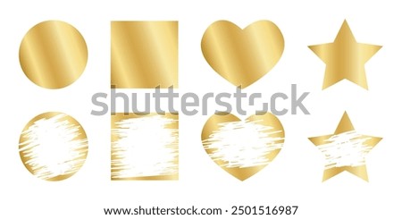 Gold round, square, heart and star scratch card shapes with new and scraped textures. Set of of winner lotteries, sale coupons, jackpot scratchcard templates. Vector illustration.