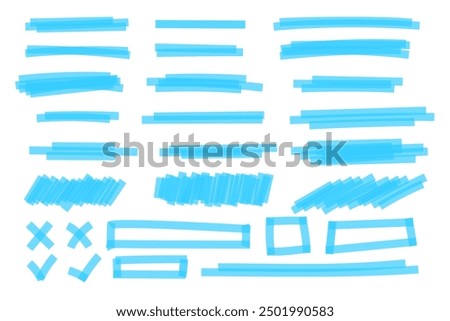 Set of blue highlight marker lines, frames, cross and checkmark signs. Different hand-drawn pen or brush underlines for important text selection isolated on white background. Vector illustration.