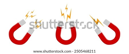 Set of red horseshoe magnets with lightning flashes isolated on white background. Magnetic power, attraction or influence concept. Vector flat illustration.