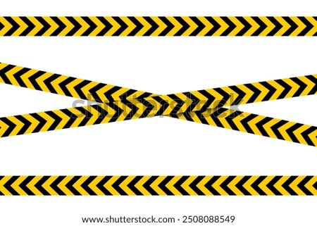 Horizontal and crossed caution tapes with black and yellow chevron print. Warn borders in construction work zone or criminal scene. Hazard, risk, emergency or stop signs. Vector flat illustration.