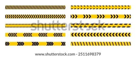 Set of horizontal caution tapes with black and yellow diagonal slashes or chevron print. Safety borders in construction work zone, quarantine area or criminal scene. Stop signs. Vector illustration.