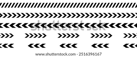 Black diagonal slashes and chevron prints for caution tapes or barricades. Signs for road marking, borders in quarantine zone, construction work area or crime scene. Vector graphic illustration.