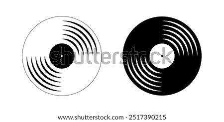 Vinyl disc icons. Gramophone music records. Turntable LP or long play music disks isolated on white background. DJ equipment. 70s 80s discotheque nostalgia concept. Vector graphic illustration.