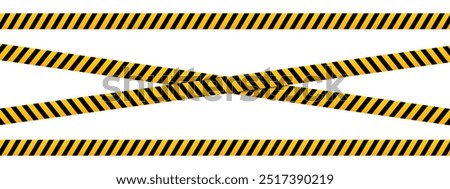 Horizontal and crossed caution tapes with black and yellow slashes print. Warning barricades in road work zone, construction area or criminal scene. Warn, hazard or stop signs. Vector illustration.