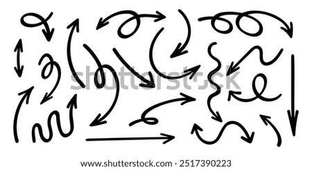 Set of black hand drawn arrow icons. Curved doodle style pointers. Swipe, downward and loop direction signs painted by pen, brush or pencil isolated on white background. Vector graphic illustration.