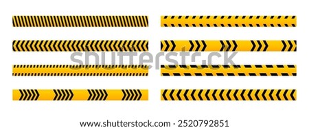 Set of horizontal caution tapes with black and orange diagonal slashes or chevron print. Forbidden borders in construction area or road work zone. Restricted or stop signs. Vector flat illustration.