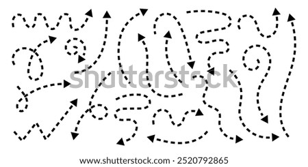 Set of black handdrawn arrows with dotted lines. Collection of curved dashed pointers in doodle style. Direction, orientation or cursor signs isolated on white background. Vector graphic illustration.