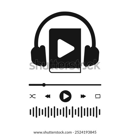 Audiobook application interface with audio book sign and headphones, progress slider bar, equalizer sound wave and buttons. Ebook or podcast audioplayer widget. Vector graphic illustration.