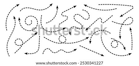 Set of black hand drawn arrows with dotted path lines. Collection of curved dashed pointers in doodle style. Direction, orientation or cursor signs isolated on white background. Vector illustration