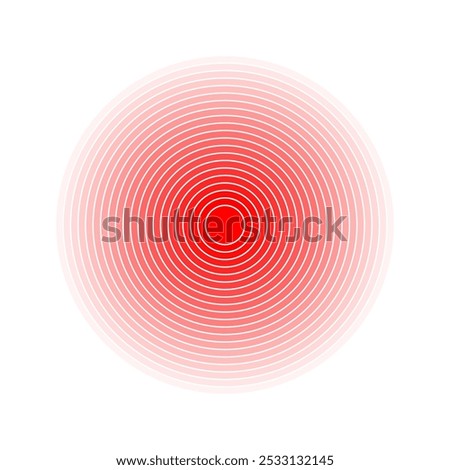 Pain localization icon. Red concentric circles. Ache or inflammation symbol. Target, pulse, shockwave or radiation sign. Coverage or damage, radio or sonar signal pictogram. Vector illustration.