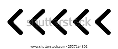 Horizontal black chevron arrows. Repeated V-shaped stripes print. Pointer, next to, road caution, military, navigation symbol isolated on white background. Vector graphic illustration.