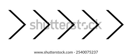 Black thin chevron arrows. Repeated V shaped stripes patern. Direction, motion, road caution, download, next, military or navigation sign isolated on white background. Vector graphic illustration.