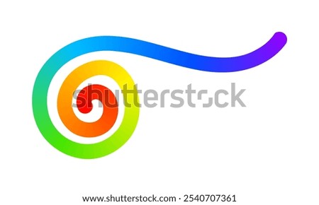 Rainbow colored spiral line isolated on white background. Cool colorful squiggle in spline style. Organic doodle figure with spectrum gradient effect. Vector illustration.