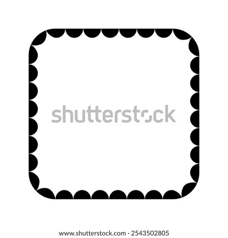 Square frame with wavy inner edges. Vignette with scalloped inside borders. Framework design element isolated on white background. Vector graphic illustration.