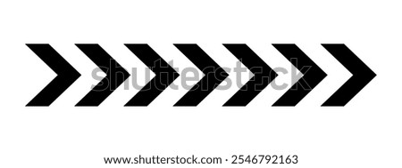 Black chevron arrows. Repeated V-shaped stripes print. Motion, download, next to, look here, road caution, army insignia, military or navigation sign isolated on white background. Vector illustration.