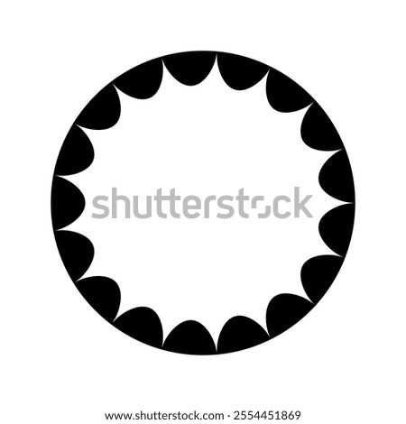 Round frame with wavy inner edges. Circle shape with scalloped inside borders isolated on white background. Picture or mirror vignette template. Vector graphic illustration.