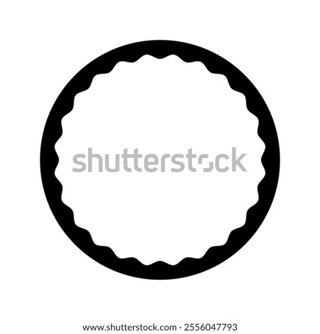 Round frame with curvy inner borders. Circle shape with wavy inside texture. Photo or mirror vignette, empty textbox, tag or label, design elements for scrapbooking album. Vector graphic illustration.