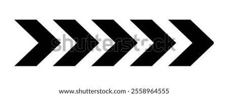 Black chevron arrows in horizontal arrangement. Repeated V-shaped stripes design. Motion, loading, road caution, military or navigation sign isolated on white background. Vector graphic illustration.