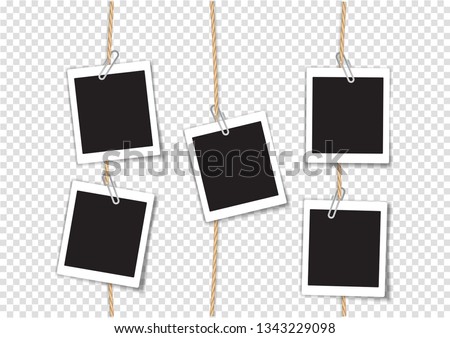 Paper Photo Frame Retro Style Hanging by Clip on Rope, Transparent Background. Сток-фото © 