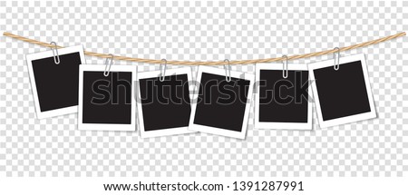Paper Photo Frame Retro Style Hanging by Clip on Rope, Transparent Background. Сток-фото © 