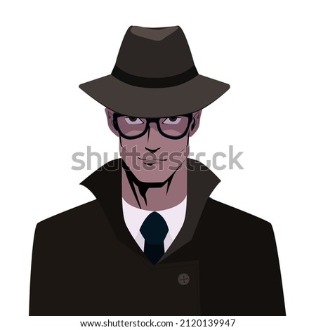 Detective male avatar vector illustration. Film noir character man with hat. cartoon style