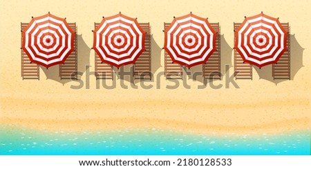 Aerial top view of the beach, red umbrellas, sunbeds, sand and ocean. vector illustration