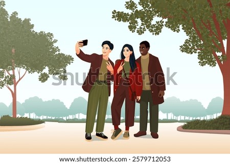 Similar – Image, Stock Photo Three young friends taking a selfie with phone.