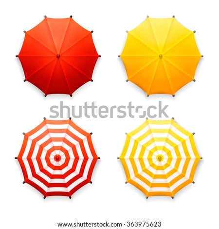 Vector set of four isolated red and yellow beach umbrellas, top view, on white