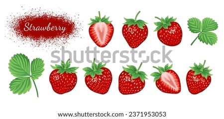Strawberry. Set of red strawberries isolated on white background. Summer strawberries, whole and sliced.