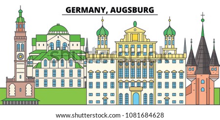 Germany, Augsburg. City skyline, architecture, buildings, streets, silhouette, landscape, panorama, landmarks. Editable strokes. Flat design line vector illustration concept. Isolated icons