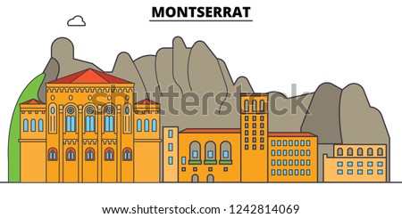 Montserrat line skyline vector illustration. Montserrat linear cityscape with famous landmarks, city sights, vector, design landscape.