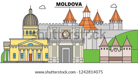 Moldova line skyline vector illustration. Moldova linear cityscape with famous landmarks, city sights, vector, design landscape.