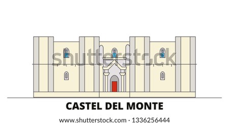 Italy, Apulia, Castel Del Monte flat landmarks vector illustration. Italy, Apulia, Castel Del Monte line city with famous travel sights, skyline, design. 