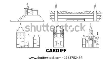 United Kingdom, Cardiff line travel skyline set. United Kingdom, Cardiff outline city vector illustration, symbol, travel sights, landmarks.