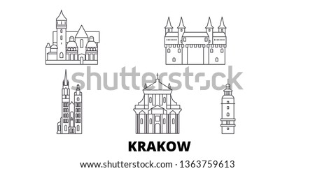Poland, Krakow line travel skyline set. Poland, Krakow outline city vector illustration, symbol, travel sights, landmarks.
