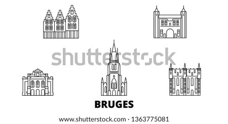 Belgium, Bruges line travel skyline set. Belgium, Bruges outline city vector illustration, symbol, travel sights, landmarks.