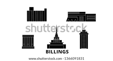 United States, Billings flat travel skyline set. United States, Billings black city vector panorama, illustration, travel sights, landmarks, streets.