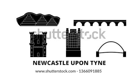 United Kingdom, Newcastle Upon Tyne flat travel skyline set. United Kingdom, Newcastle Upon Tyne black city vector panorama, illustration, travel sights, landmarks, streets.