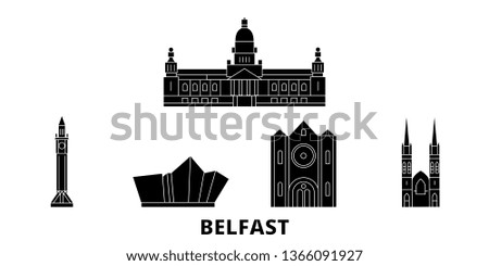 United Kingdom, Belfast flat travel skyline set. United Kingdom, Belfast black city vector panorama, illustration, travel sights, landmarks, streets.
