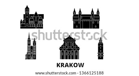 Poland, Krakow flat travel skyline set. Poland, Krakow black city vector illustration, symbol, travel sights, landmarks.